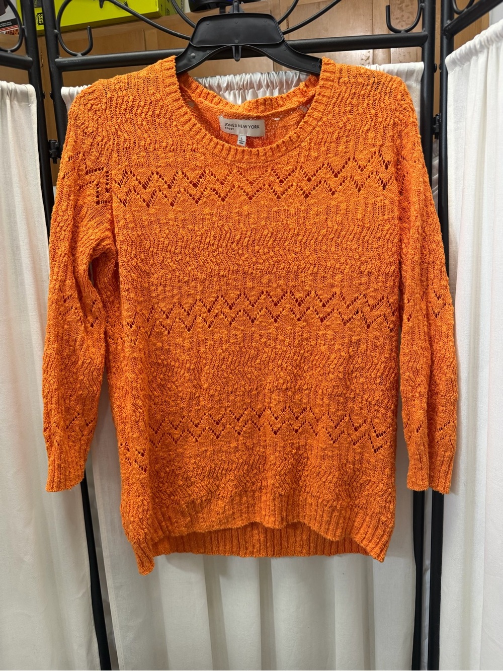 Jones New York Bright Orange Open-Weave Crewneck Sweater
